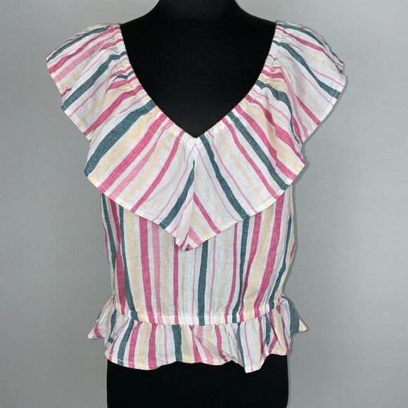 Express Tops - Express L Multicolor Metallic Striped Tiered V-Neck Peplum Ruffle Elastic Top